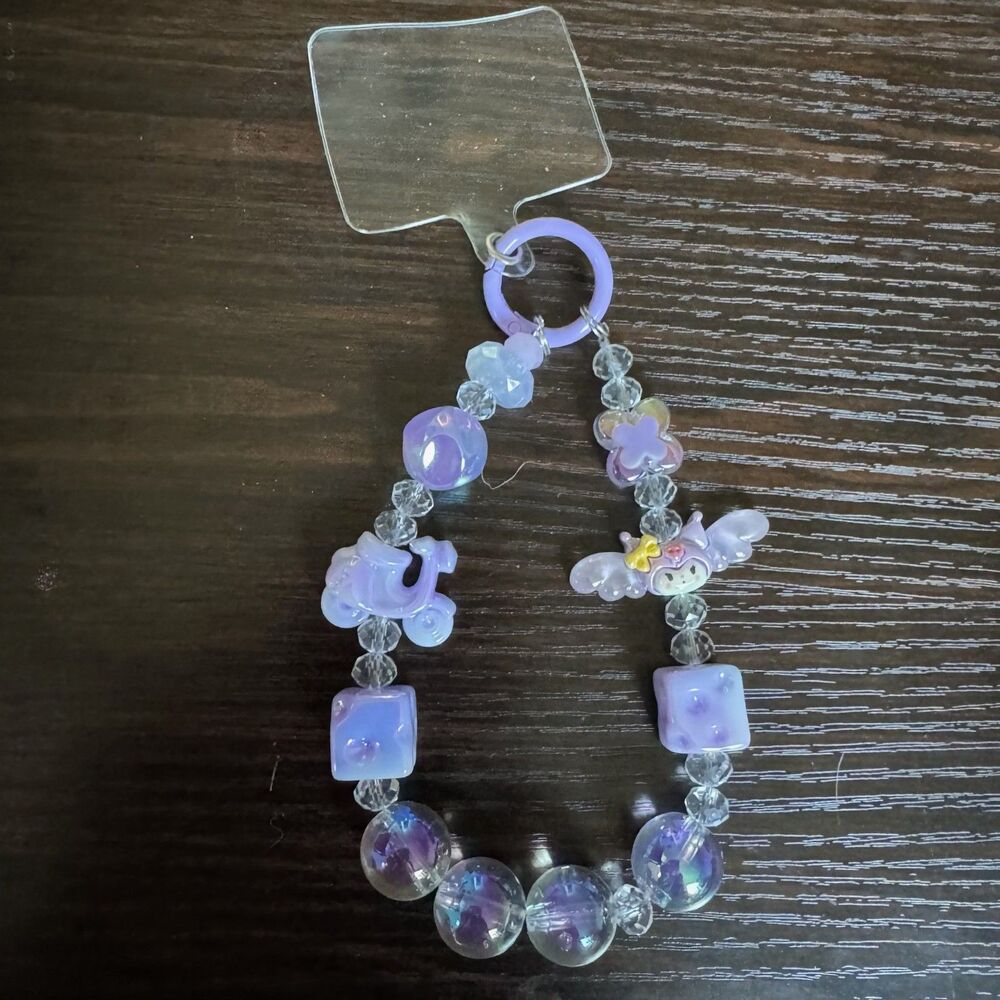 Purple Kuromi Sanrio Angel Beaded Cell Phone Wristband Lanyard Keychain NEW